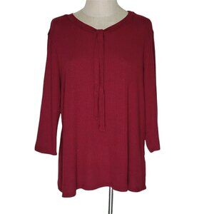 ModCloth Sweater Size 2X Ribbed Knit Tie Front Burgundy 3/4 Sleeve Stretch